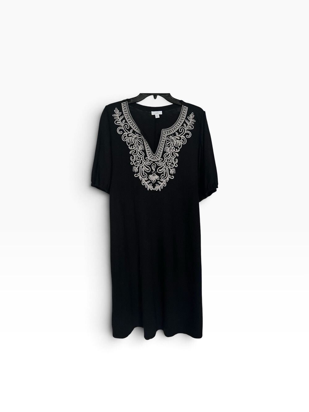 J. Jill Black Embroidered Split Neck Shift Tunic Dress Puff Sleeve Large L